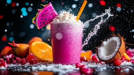 Vibrant pink smoothie drink, topped with whipped cream and a dragon fruit slice, surrounded by fresh fruit and splashing