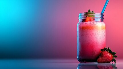 Vibrant strawberry smoothie in a glass jar, topped with fresh strawberries and a straw, against a gradient backdrop of pink and blue