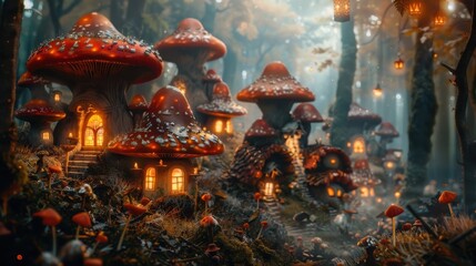 Fantasy mushroom village in autumn forest at twilight. AI generative 