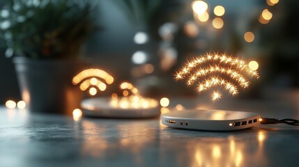 Wireless connection device with glowing wifi symbol.  Blending home decor with tech