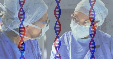 Two surgeons leaning over surgical table after initiating procedure, consulting DNA helix overlay - Powered by Adobe