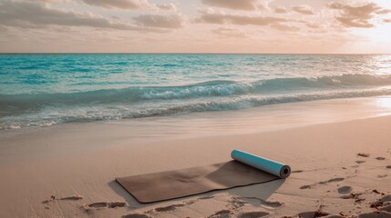 Tranquil beach at sunrise or sunset with soft gradient sky, warm hues, and scattered fluffy clouds. Turquoise-blue waves roll towards the shore, creating frothy white surf on smooth light-beige sand. 
