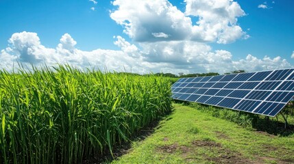 Aerial shot of a sugarcane farm with solar panels, a large water tank, and well-maintained irrigation systems