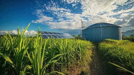 Aerial shot of a sugarcane farm with solar panels, a large water tank, and well-maintained irrigation systems