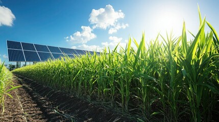 Aerial shot of a sugarcane farm with solar panels, a large water tank, and well-maintained irrigation systems