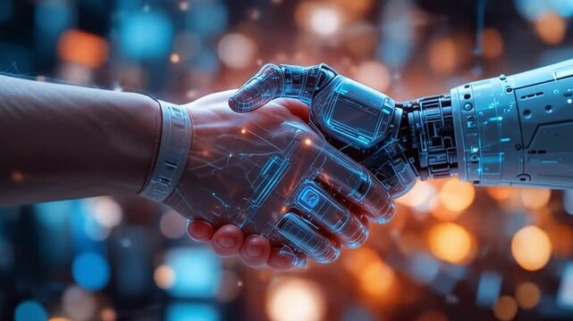 Handshake Between Human and AI Digital Robot, Symbolizing the Future Fusion of Virtual Technology and Human Interaction. 4k video