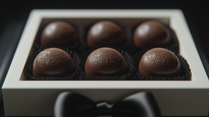 Obraz premium Elegant dark chocolate truffles in a white box with a black bow
