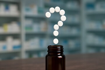 medicine question pills concept drug safety pharmaceutical doubt medical choice health care confusion about treatment supplement risk prescription warning uncertainty in pharmacy bottle