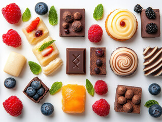 Assortment of colorful desserts including chocolate squares, fruit tarts, and pastries is artfully arranged with fresh raspberries, blueberries, and mint leaves on white background