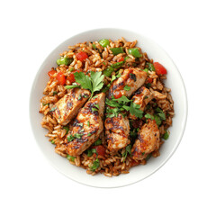 Fototapeta premium Grilled Chicken and Rice Bowl with Vegetables - Overhead View