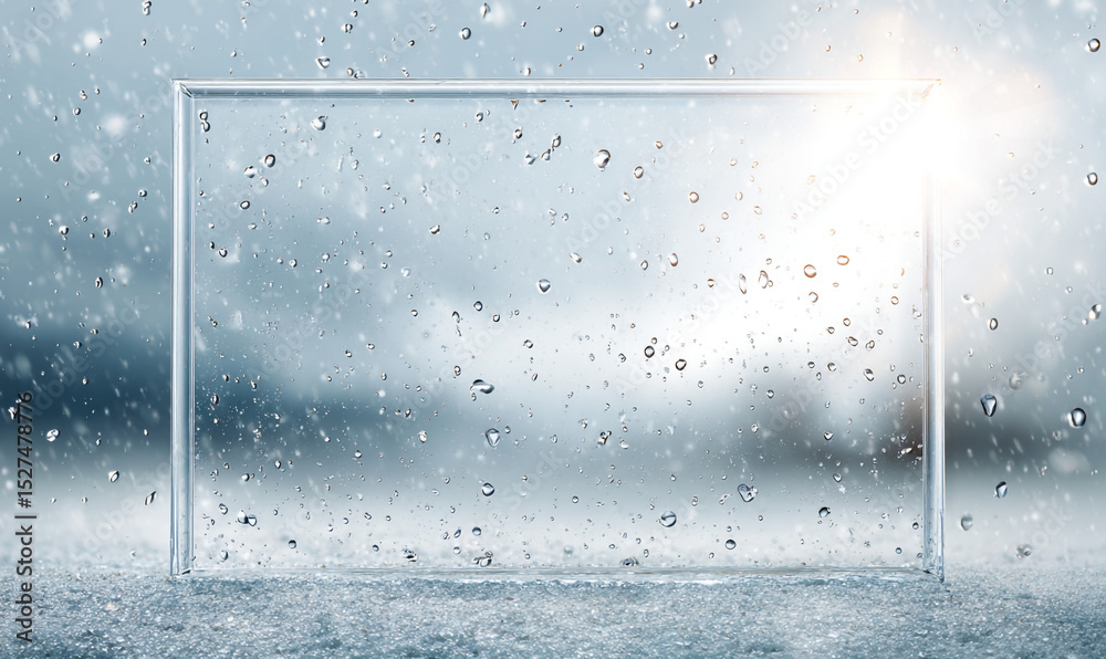 Poster A transparent rectangular frame with raindrops against a blurred background on a wet surface view