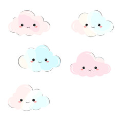 Fototapeta premium Adorable Pastel Kawaii Cloud Set: Cute Cartoon Clouds for Baby Designs