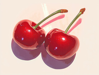 Two vibrant red cherries with green stems are illustrated against light background, casting soft shadows. cherries appear glossy and fresh, evoking sense of summer sweetness