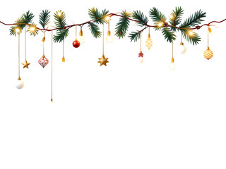 A festive garland with pine branches ornaments and warm glowing lights on a black background space