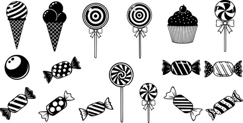 A collection of 16 black and white illustrations of various candies and sweets
