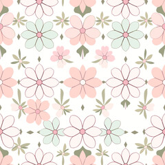 Seamless Pastel Floral Pattern: Delicate Pink and Mint Flowers on White Background