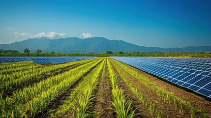 Aerial shot of a sugarcane farm with solar panels, a large water tank, and well-maintained irrigation systems