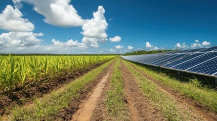 Aerial shot of a sugarcane farm with solar panels, a large water tank, and well-maintained irrigation systems