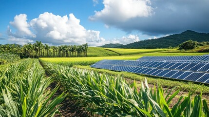 Aerial shot of a sugarcane farm with solar panels, a large water tank, and well-maintained irrigation systems