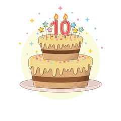 Chocolate birthday cake on a platter with colourful sprinkles, star decorations and a lit candles in the numbers one and zero shape. Ten years old birthday party dessert. Cartoon vector illustration.