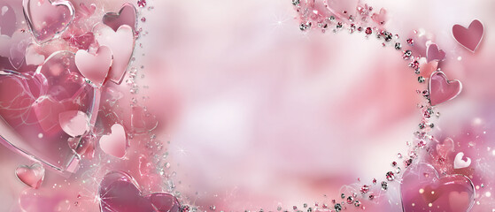 Naklejka premium A dreamy pink background with floating hearts and sparkling gems creating a romantic atmosphere design