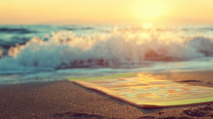 Vibrant striped and geometric-patterned beach mat resting on dark sand with gentle waves crashing in the background, creating a frothy white shoreline under a warm golden-orange sunset. The serene oce