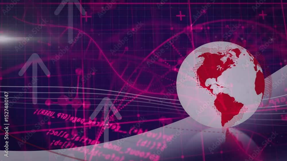 Poster stylized globe on floor initiating pulsing tech data grid with rising arrows and scattering code