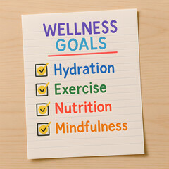 A colorful checklist featuring wellness goals: hydration, exercise, nutrition, and mindfulness, aimed at promoting healthy lifestyles.