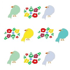 A set of cartoon birds and flowers