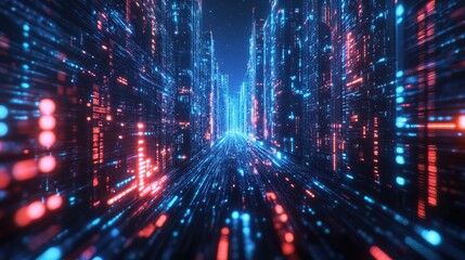 A neon data cable streaming glowing digital signals between futuristic skyscrapers