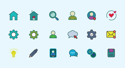 A set of minimalist icons for a modern website interface, featuring clean lines and flat colors.