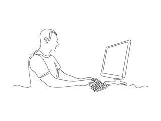 abstract man works at a computer. continuous one single line art hand drawing sketch logo
