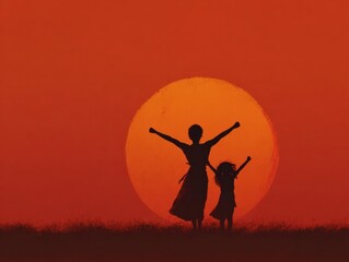 Experience women empowerment with a mother and daughter against a digital sunrise, their shadows symbolizing womens rights