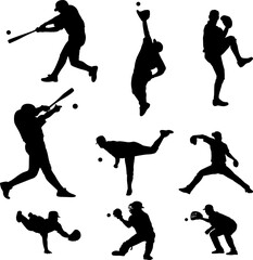 Set of baseball player silhouettes icon vector flat illustration design on white background.