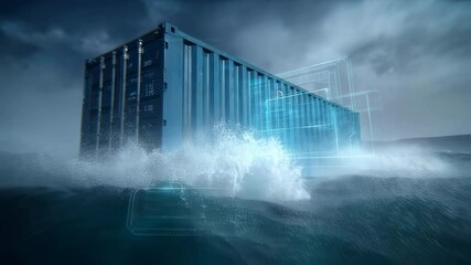 Advanced autonomous technology guiding shipping container through stormy seas, displaying real time navigation data via holographic projections ensuring safe maritime passage - Powered by Adobe