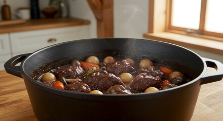 Beef bourguignon simmering in a cast iron pot on a wooden surface  