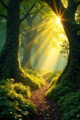 Obraz premium Golden sunlight streams through canopy, illuminating mossy path, photography, landscape