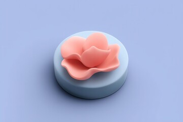 A soft pink flower-shaped object sits atop a smooth, round blue base against a pastel background.