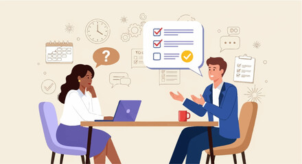 Team Discussion with Laptop and Checklist Icons – Illustration of Planning and Problem Solving