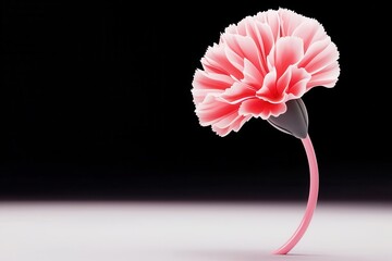 A single pink carnation with a curved stem stands against a gradient black-to-white background.