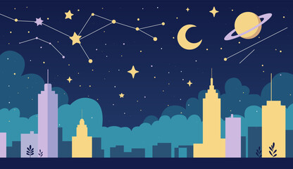 Cartoon night sky with stars, moon, and planets over distant city. Flat fairytale space vector illustration