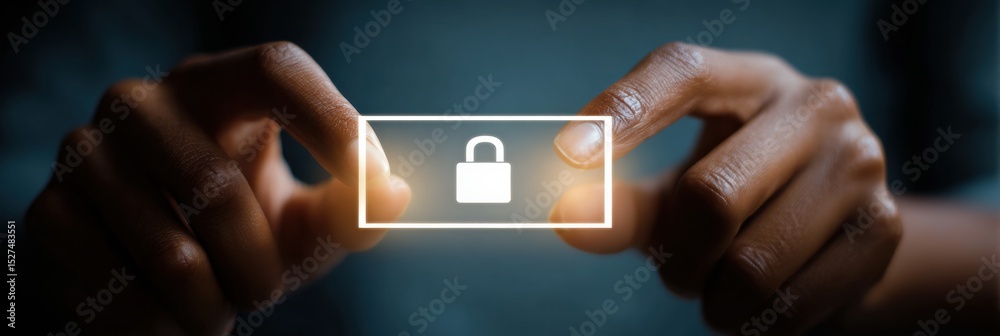 Poster Digital Security in Focus as Hands Hold a Virtual Lock Symbol Above a Profile Icon for Online Protection