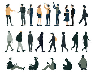 Diverse people silhouettes set. Flat collection of men and women standing, walking, sitting. Black and colored