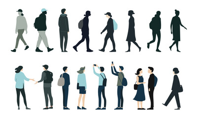 Diverse people silhouettes set. Flat collection of men and women standing, walking. Tourists. Black and colored