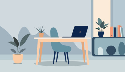 Simple work desk and laptop setup in clean flat style. Modern minimalist vector background