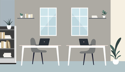 Clean office scene with two work desks and laptops. Flat minimalist interior background