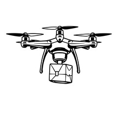 Drone Delivery: A bold line art illustration showcases a drone carrying a package, emphasizing its technological advancement and efficient delivery service.