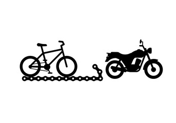 Obraz premium A bicycle connected to a motorcycle by a chain in black silhouette on a white background design