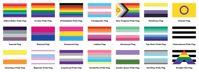 LGBTQ+ sexual identity pride flags collection. Flag of gay, transgender, bisexual, lesbian, Nonbinary, Intersex, Asexual, Pansexual, Abrosexual, Heterosexual, Maverique, Bigender Pride Flags