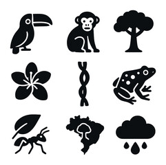 Fototapeta premium Tropical Rainforest Icons. Solid, filled icons set of tropical rainforest life: toucan, monkey, canopy tree,